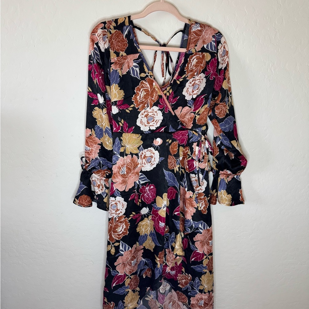Band of the Free floral hi low, faux wrap dress.